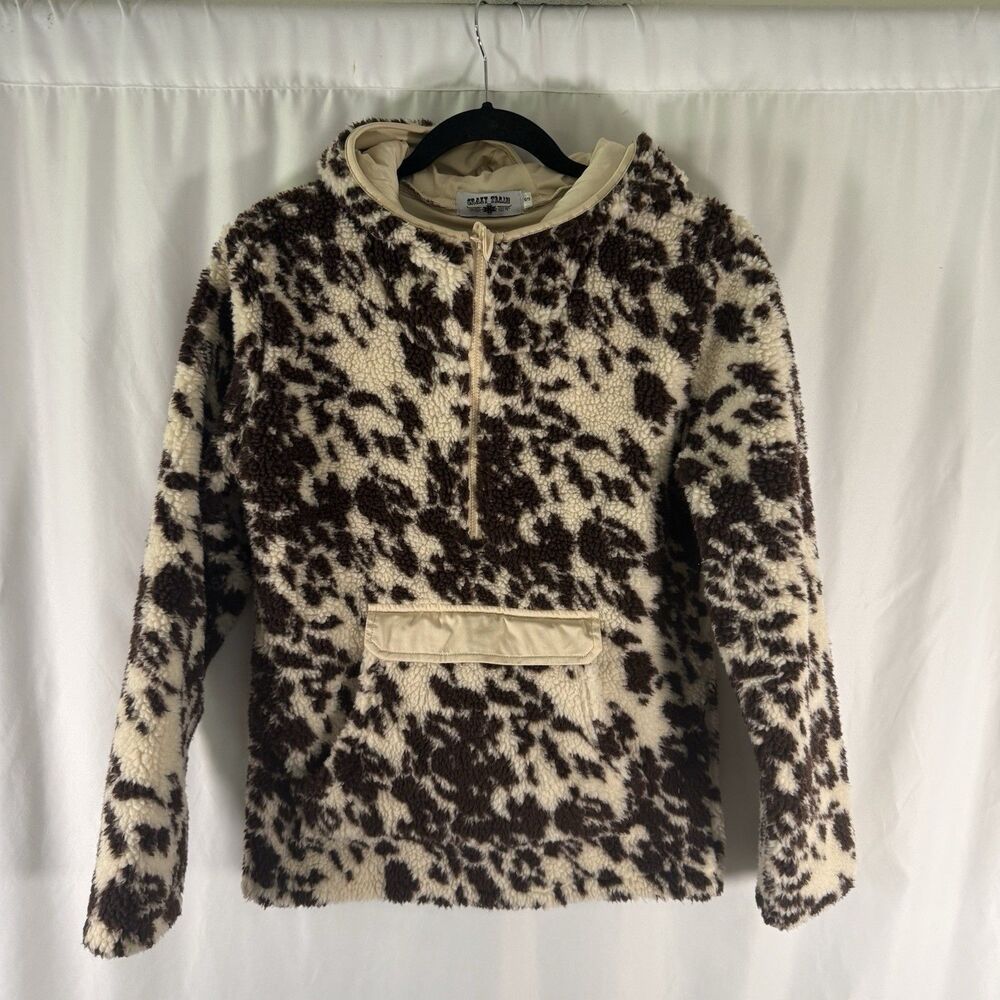 Crazy Train Sherpa Jacket Women's Small Brown Cow Print 1/4 Zip Pockets Hooded